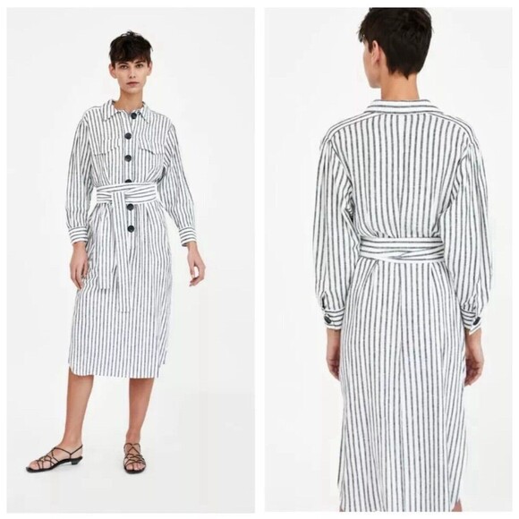 Zara Dresses & Skirts - ZARA Black and White Striped Dress with Bow Button Up Linen Blend Size XSmall XS